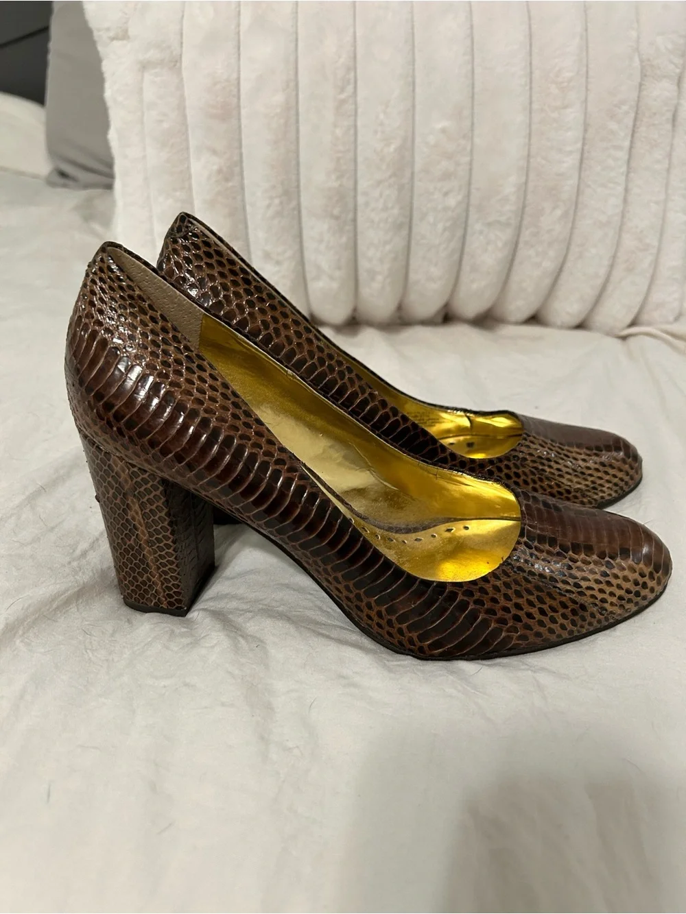 BCBGirls Brown Snake-Print Block Heel Pumps
